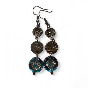 Handmade Bronze Floral Teal Glass Starburst Dangle Earrings